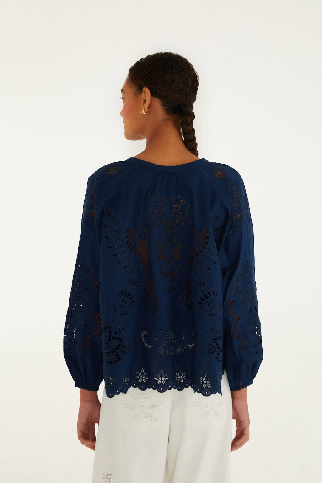 Navy Blue Artisanal Long Sleeve Blouse - Image 3