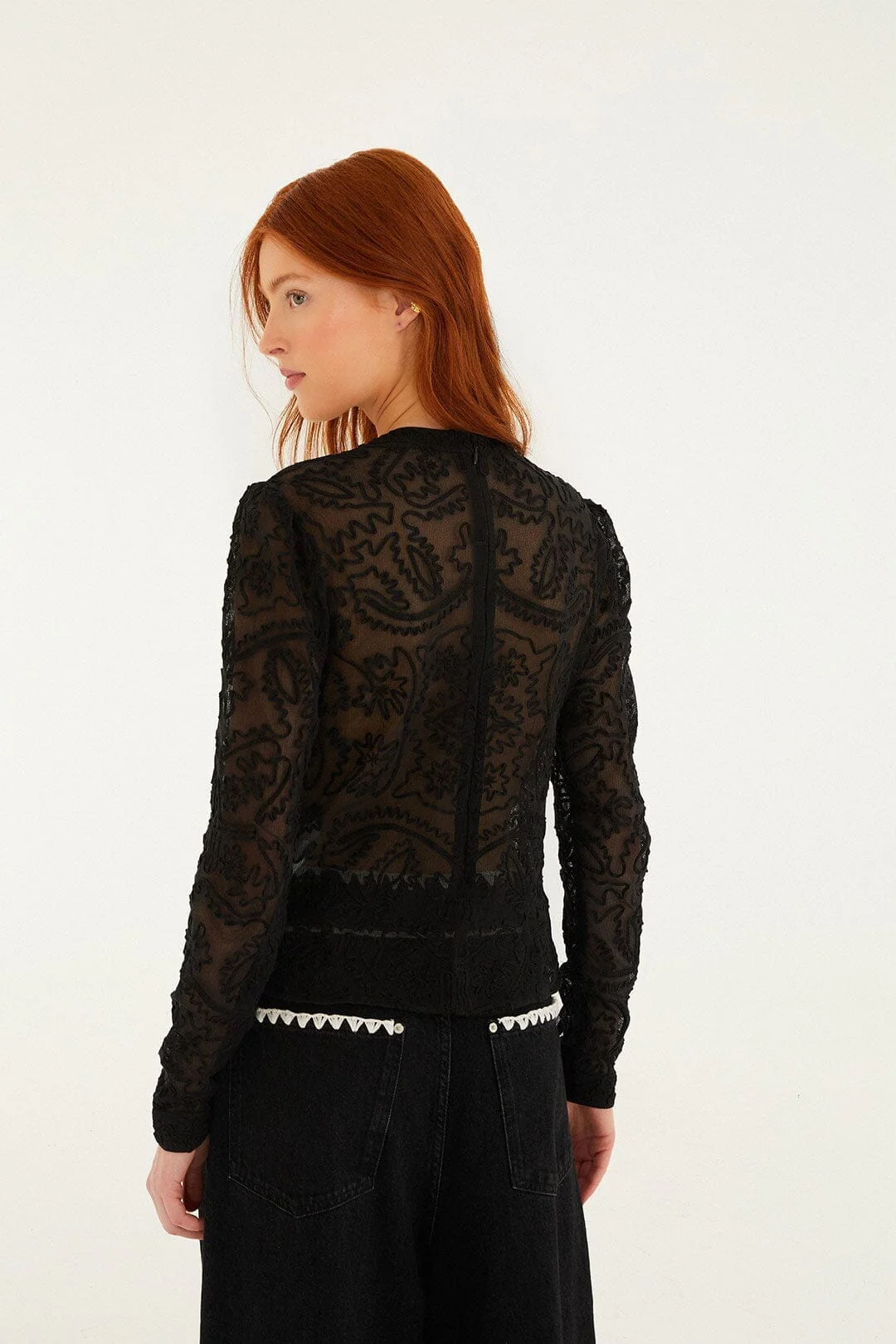 Black Embroidered Long Sleeve Blouse - Image 3
