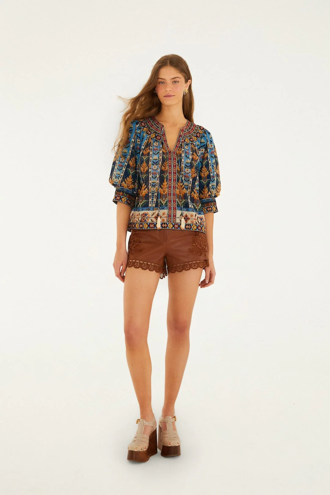 Blue Embroidered Tapestry Tassels Puff Sleeve Blouse - Image 4