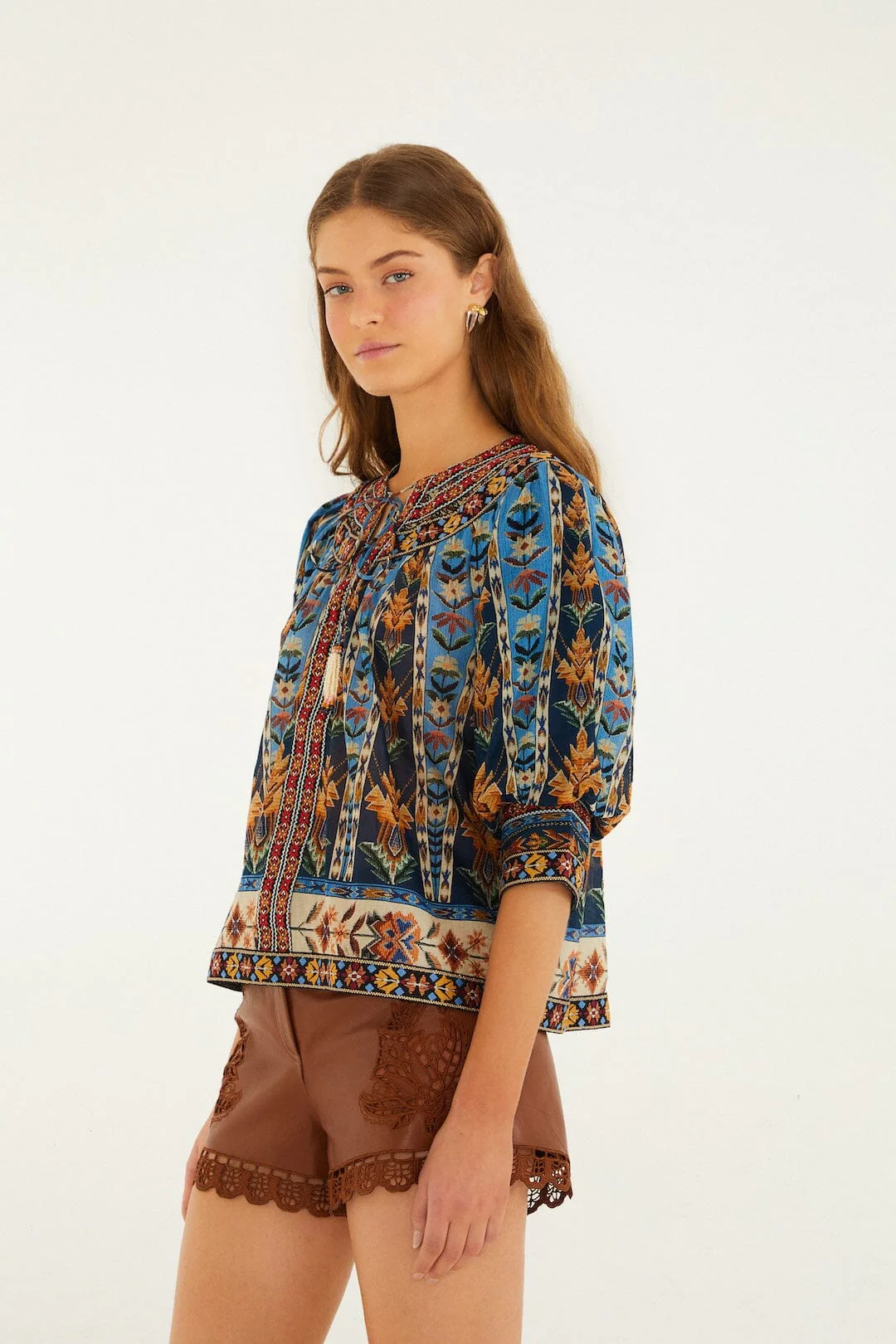 Blue Embroidered Tapestry Tassels Puff Sleeve Blouse - Image 5