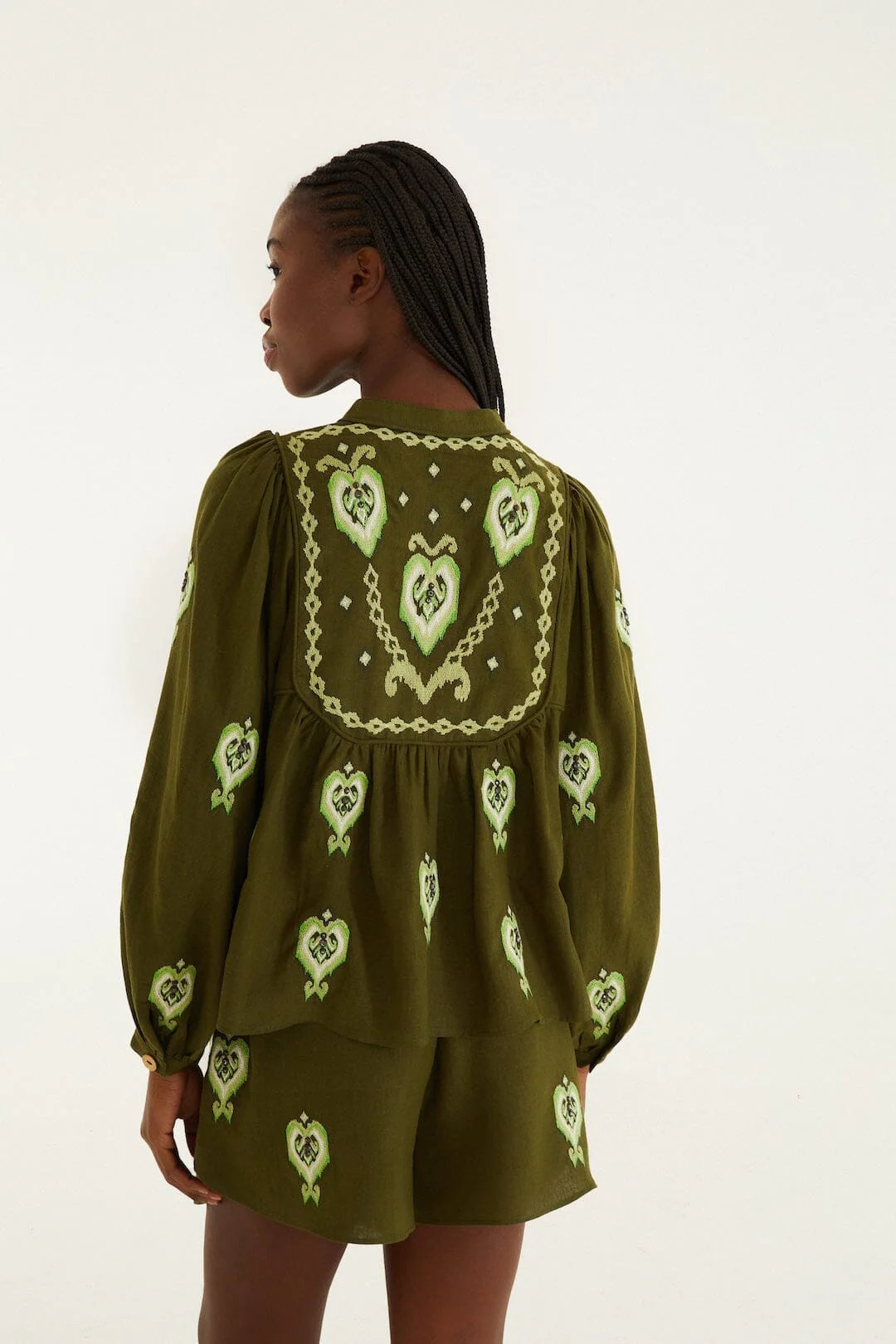 Green Embroidered Puff Sleeve Lenzing™ Ecovero™ Euroflax™ Blouse - Image 3