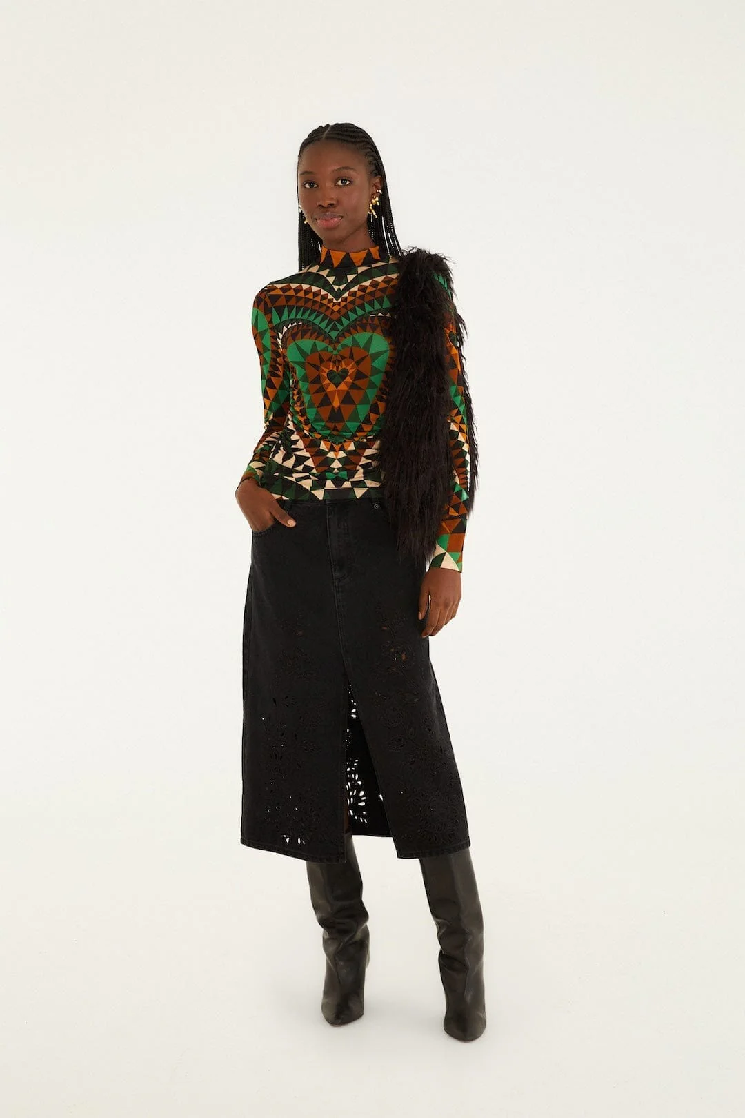 Green Heart Deco Ruched Waist Jersey Blouse - Image 4