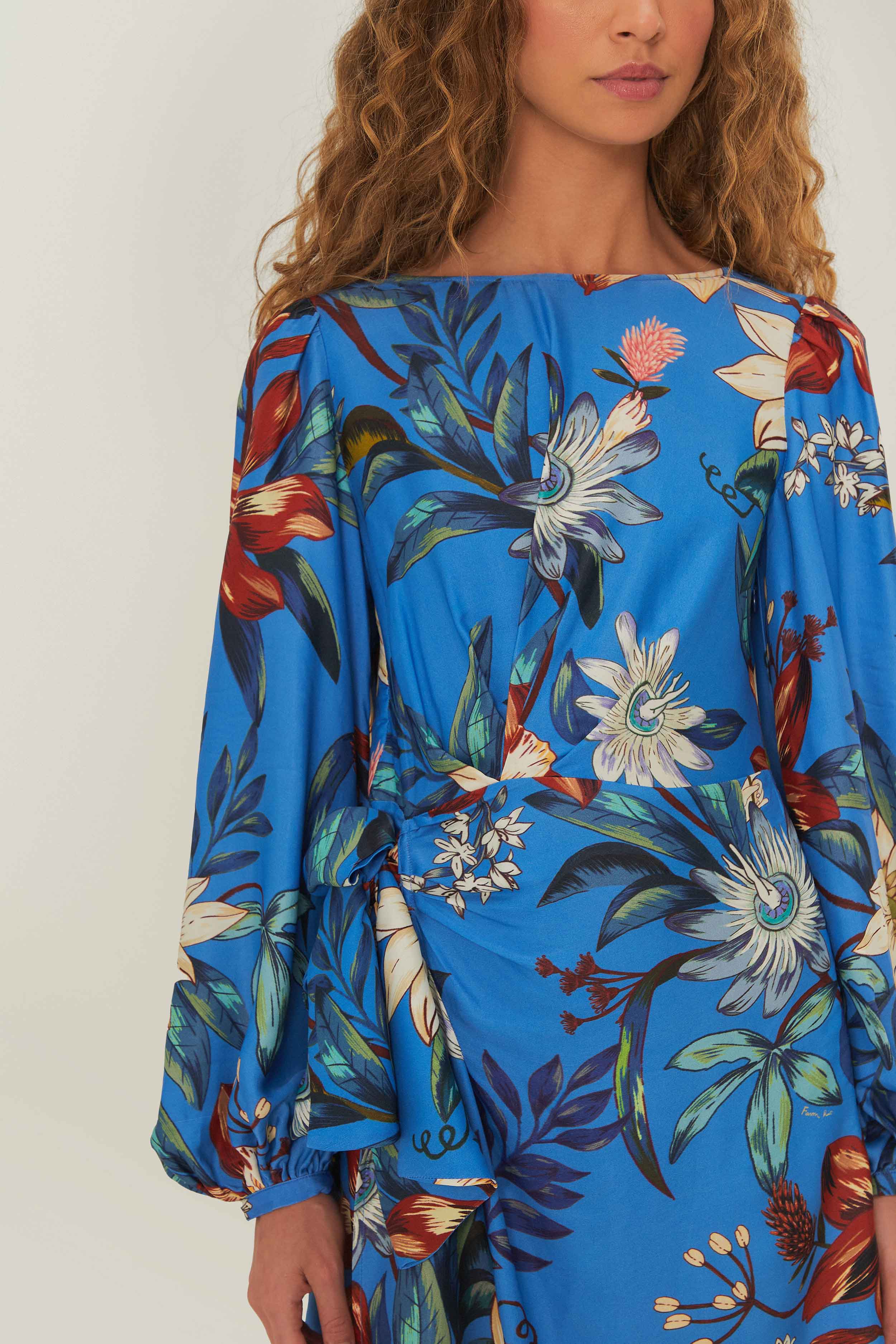 Blue Surreal Flowers Wrap LENZING™ ECOVERO™ Mini Dress - Image 3