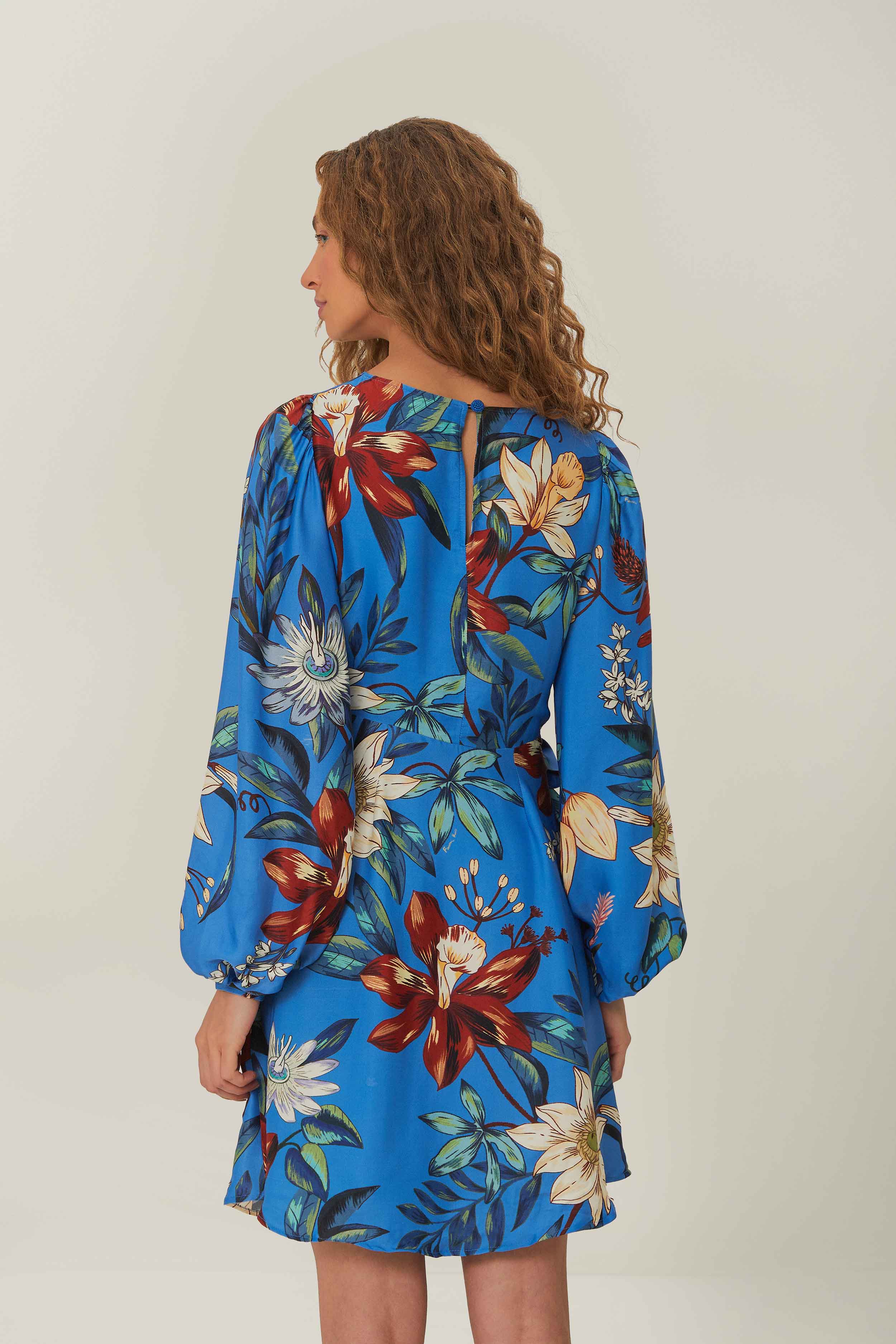 Blue Surreal Flowers Wrap LENZING™ ECOVERO™ Mini Dress - Image 4