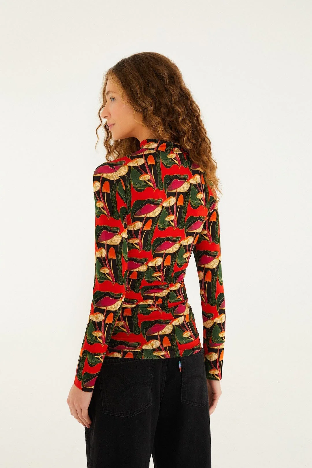 Black Wild Mushrooms Ruched Waist Jersey Blouse - Image 3